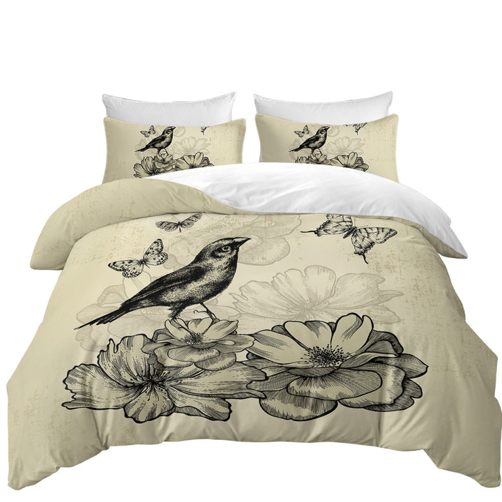 Vintage Drawing Bird Flowers Butterflies full Size Duvet Cover