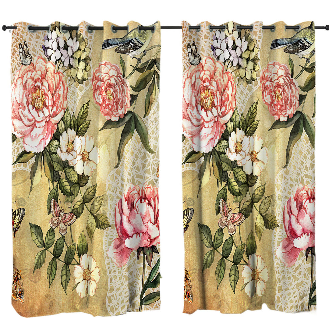 Vintage Flowers Bird and Butterflies Curtains for Bedroom