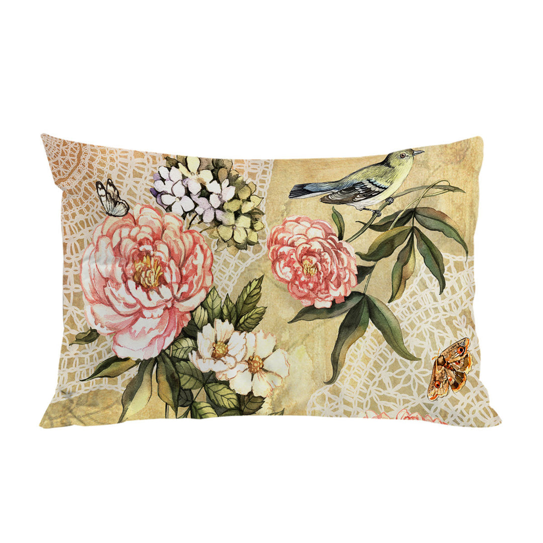 Vintage Flowers Bird and Butterflies Pillowcase