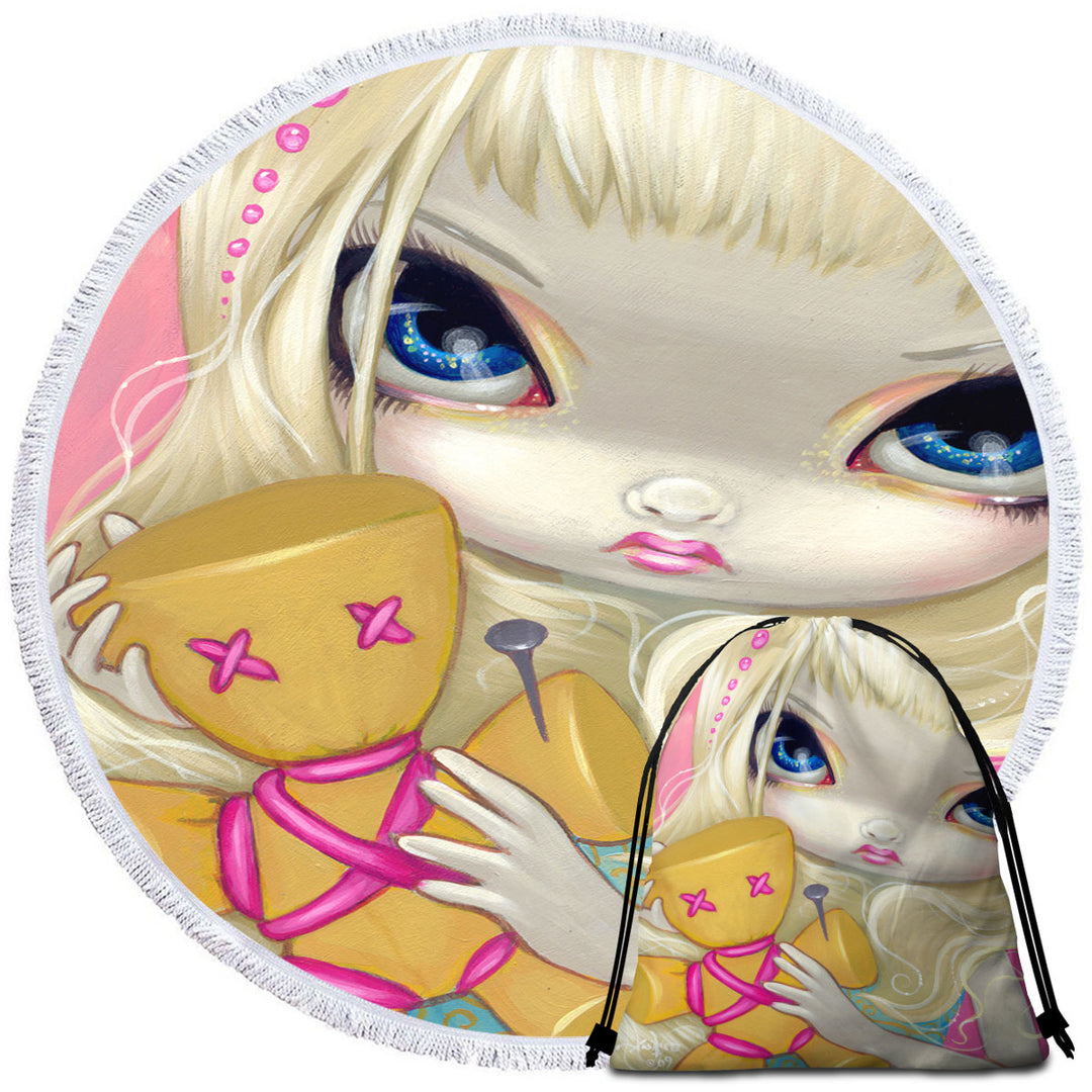 Voodoo in Pink Cute Innocent Girl with a Voodoo Doll Round Beach Towel