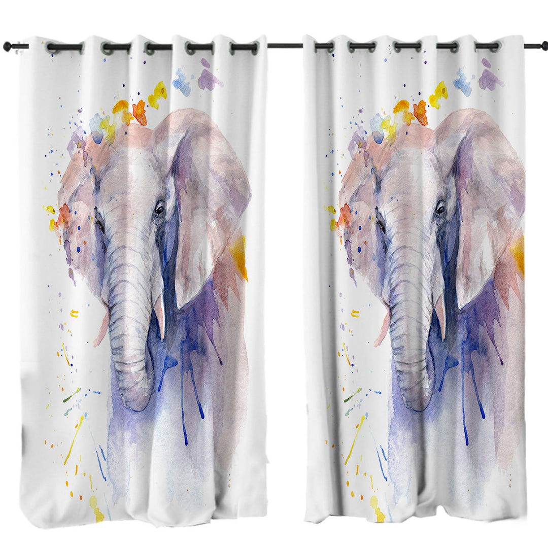 Watercolor Painting Purplish Elephant Window Curtains