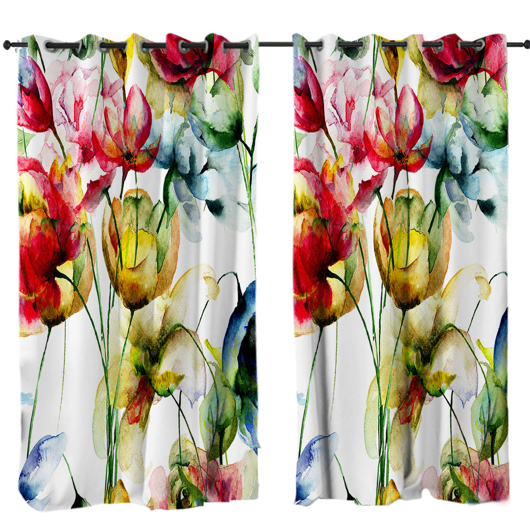 Watercolor Painting of Colorful Flowers Curtains