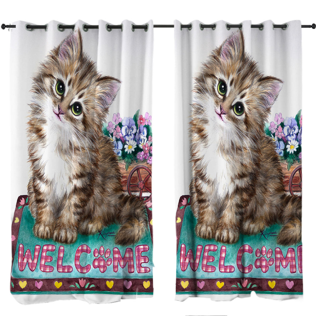 Welcome Flowers and Adorable Kitty Cat Drapes for Living Room
