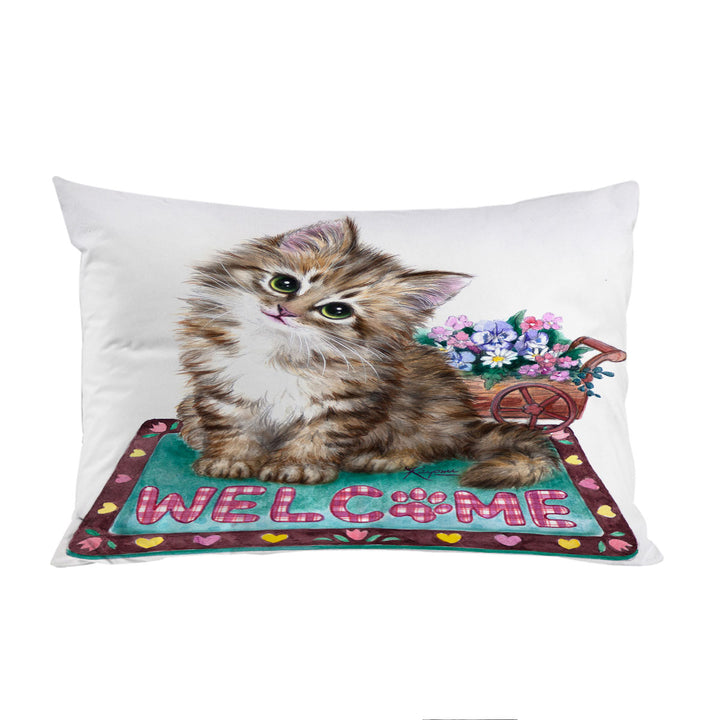 Welcome Flowers and Adorable Kitty Cat Pillow Case Covers