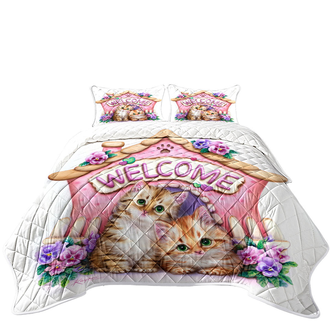 Welcome Tabby Ginger Kittens and Violet Flowers Coverlets