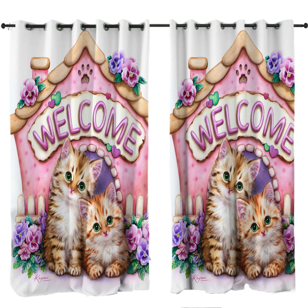 Welcome Tabby Ginger Kittens and Violet Flowers Curtains