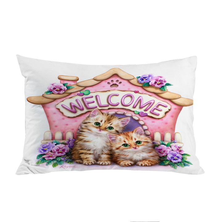 Welcome Tabby Ginger Kittens and Violet Flowers King Pillow Cases