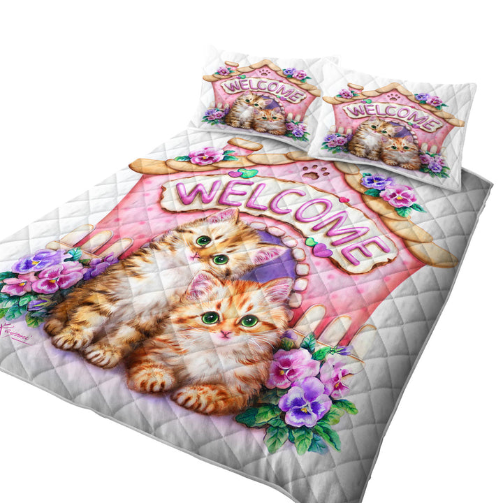 Welcome Tabby Ginger Kittens and Violet Flowers Quilts for Beds