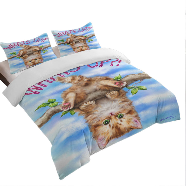 Whats Up Cute Funny Ginger Kitten on Branch Coverlet