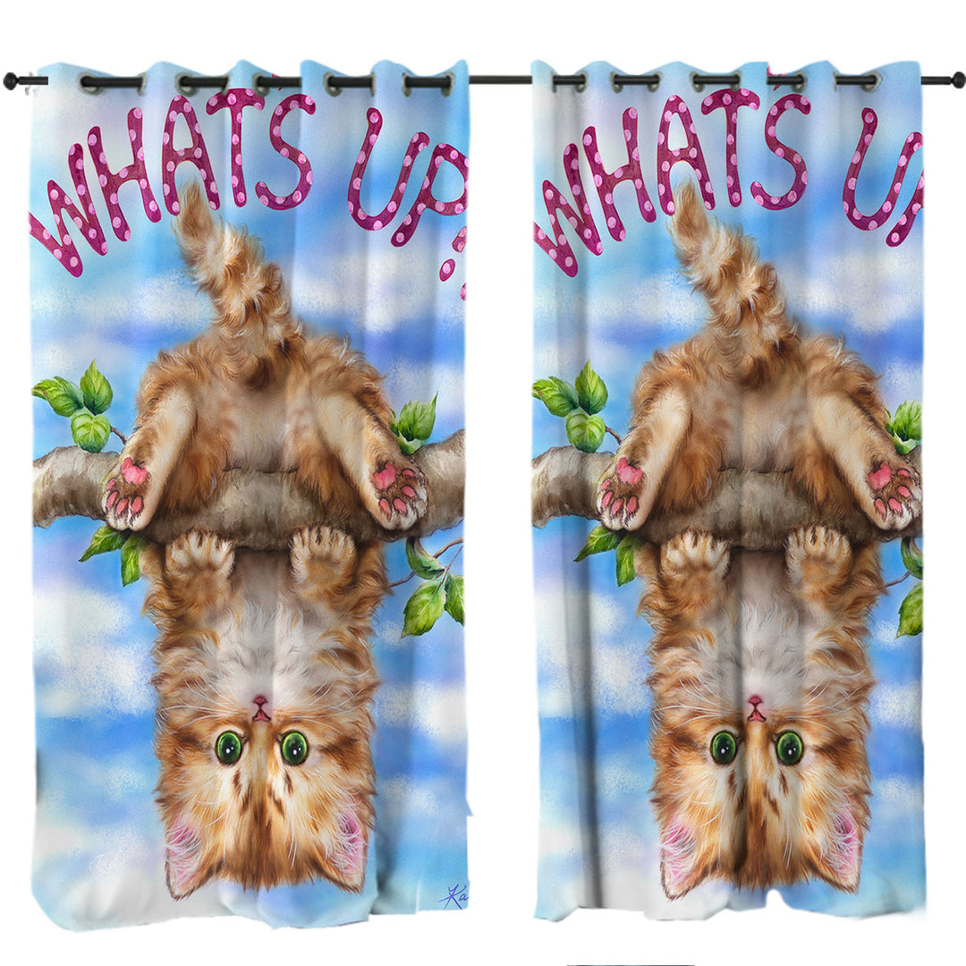 Whats Up Cute Funny Ginger Kitten on Branch Drapes