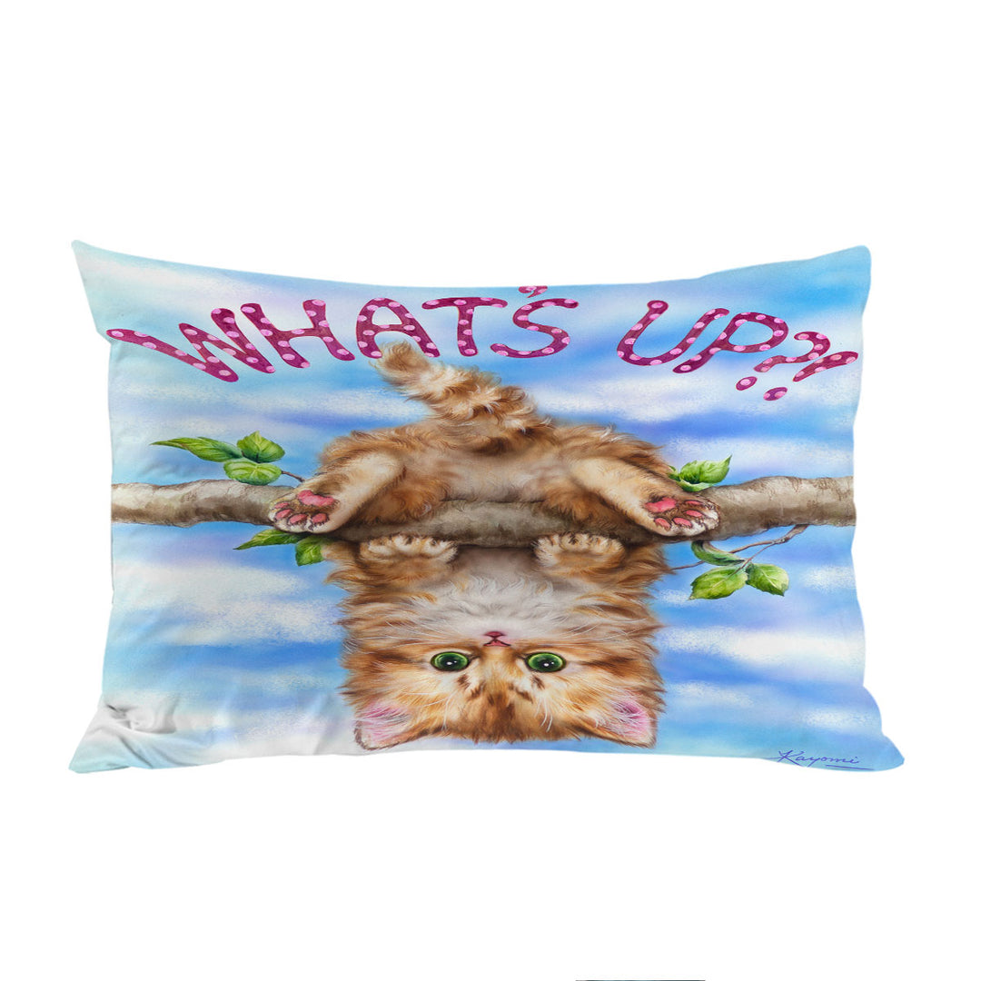Whats Up Cute Funny Ginger Kitten on Branch Pillow Cases