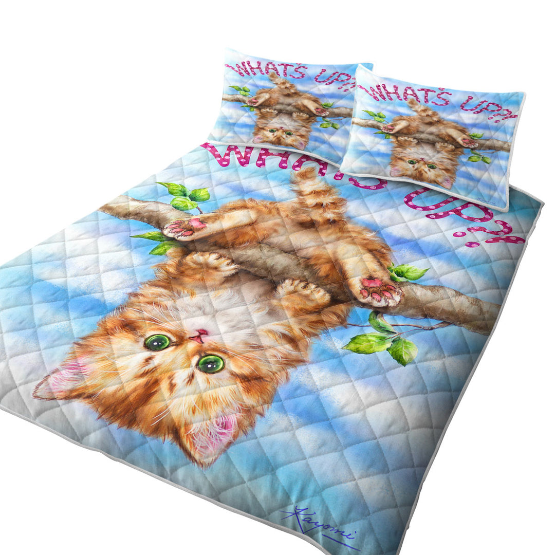 Whats Up Cute Funny Ginger Kitten on Branch Quilt