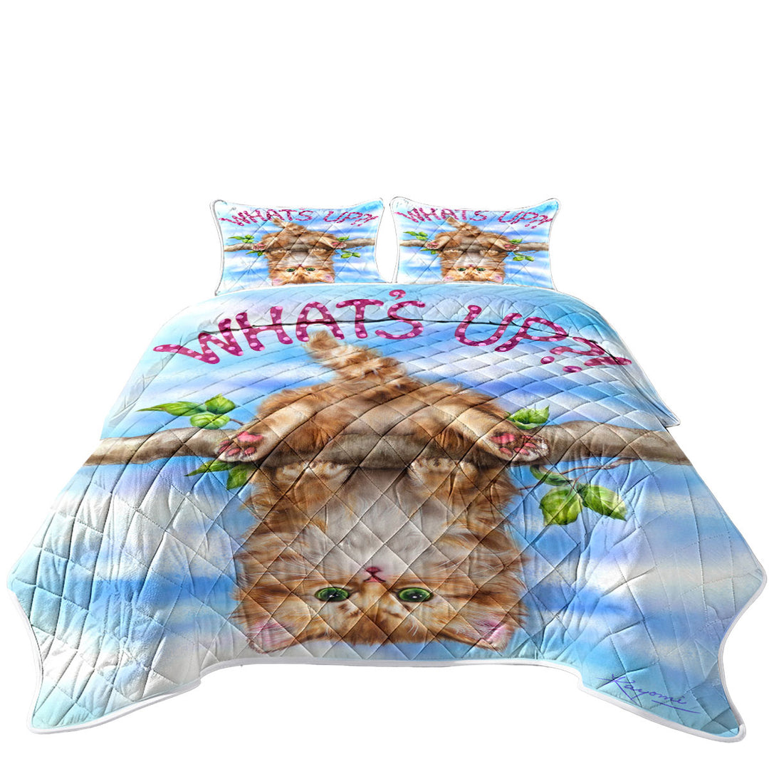 Whats Up Cute Funny Ginger Kitten on Branch Twin Quilt