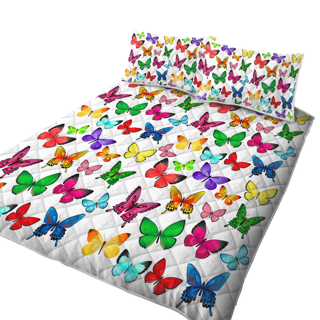 White Back Full of Vivid Colored Butterflies California King Quilt Sets