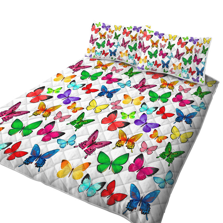 White Back Full of Vivid Colored Butterflies California King Quilt Sets