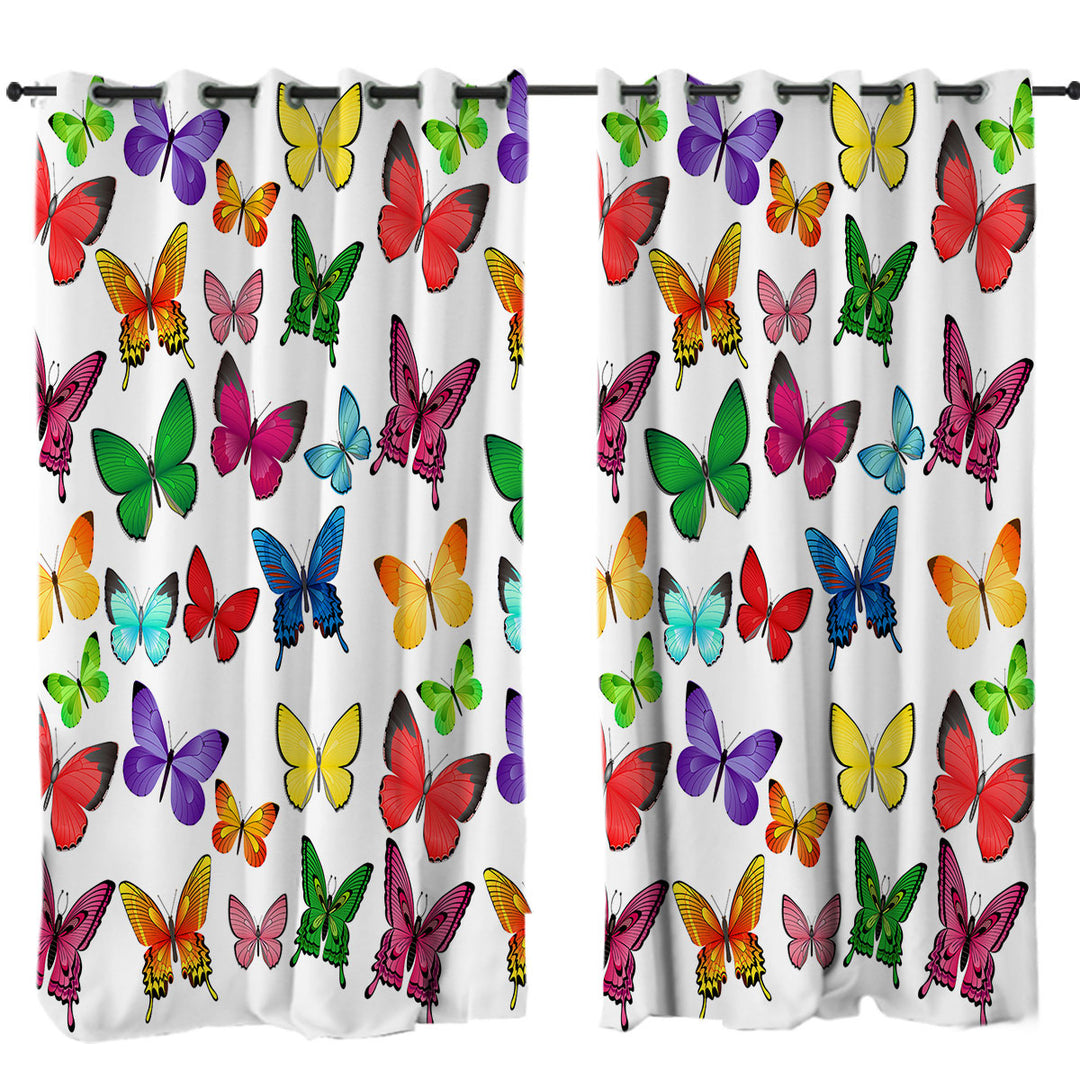White Back Vivid Colored Butterflies Drapes for Living Room
