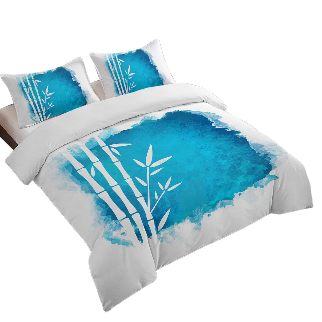 White Bamboo Silhouette over Ocean Blue Paint California King Duvet Cover