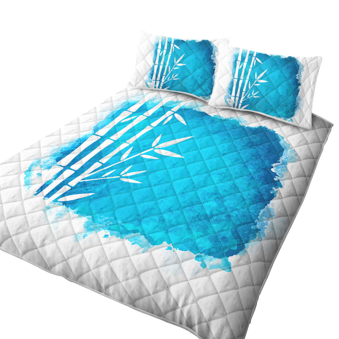 White Bamboo Silhouette over Ocean Blue Paint California King Quilt Sets