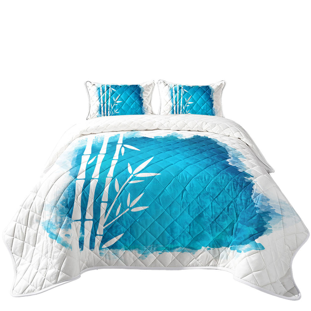 White Bamboo Silhouette over Ocean Blue Paint Quilt