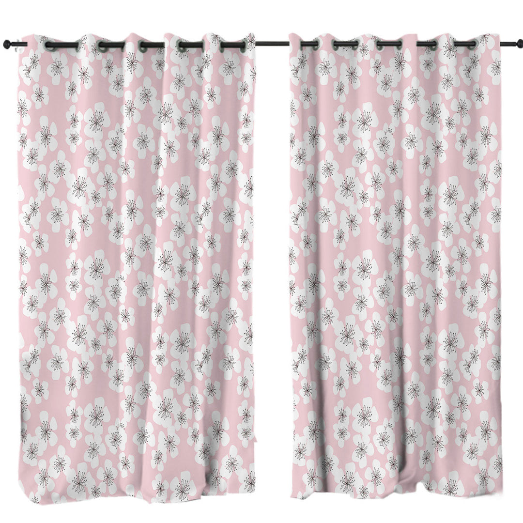 White Floral Drawings over Pink Curtains