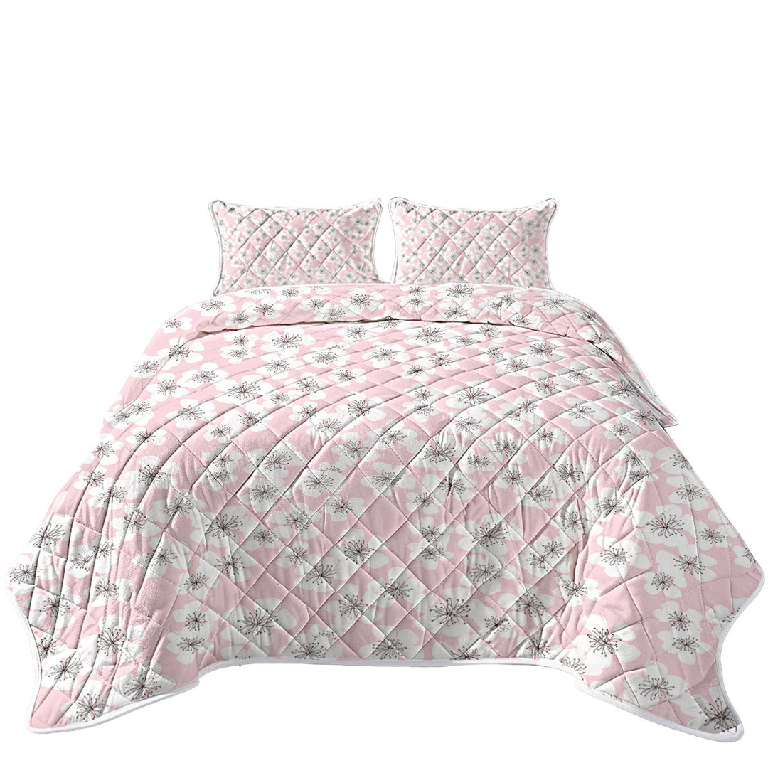 White Floral Drawings over Pink King Size Quilt
