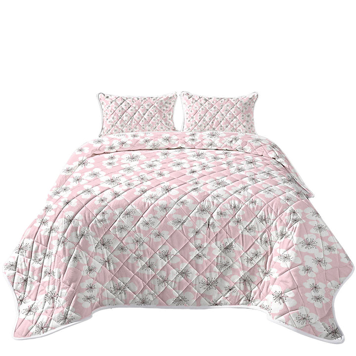 White Floral Drawings over Pink King Size Quilt
