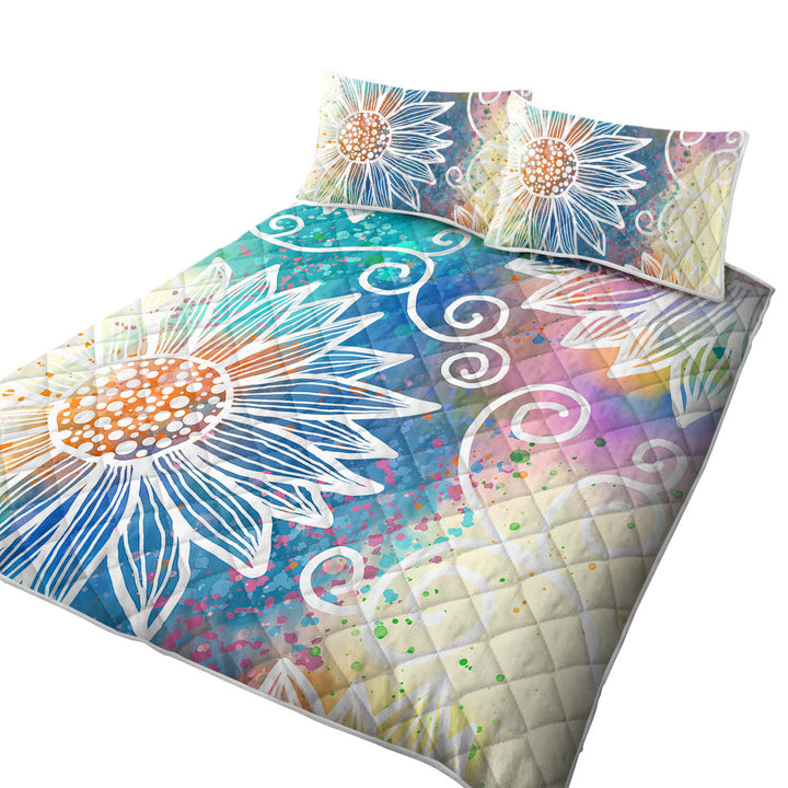 White Flower Drawings over Colorful Background Quilt