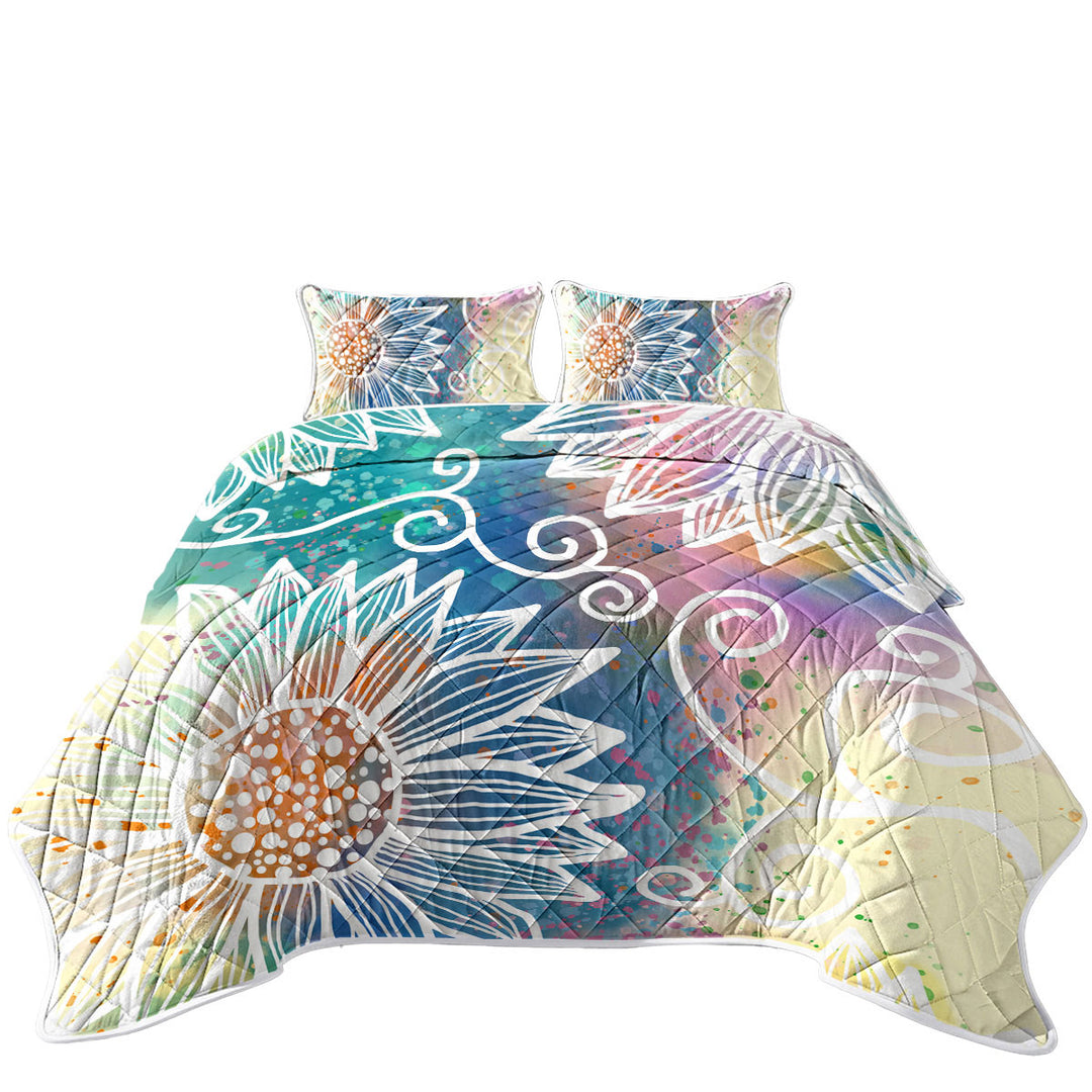 White Flower Drawings over Colorful Background Quilts