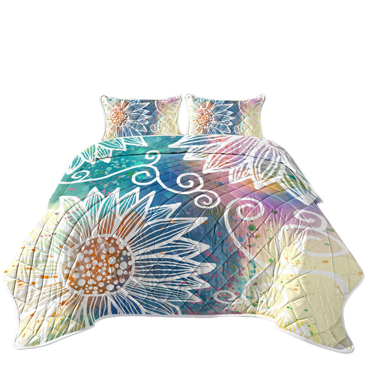 White Flower Drawings over Colorful Background Quilts