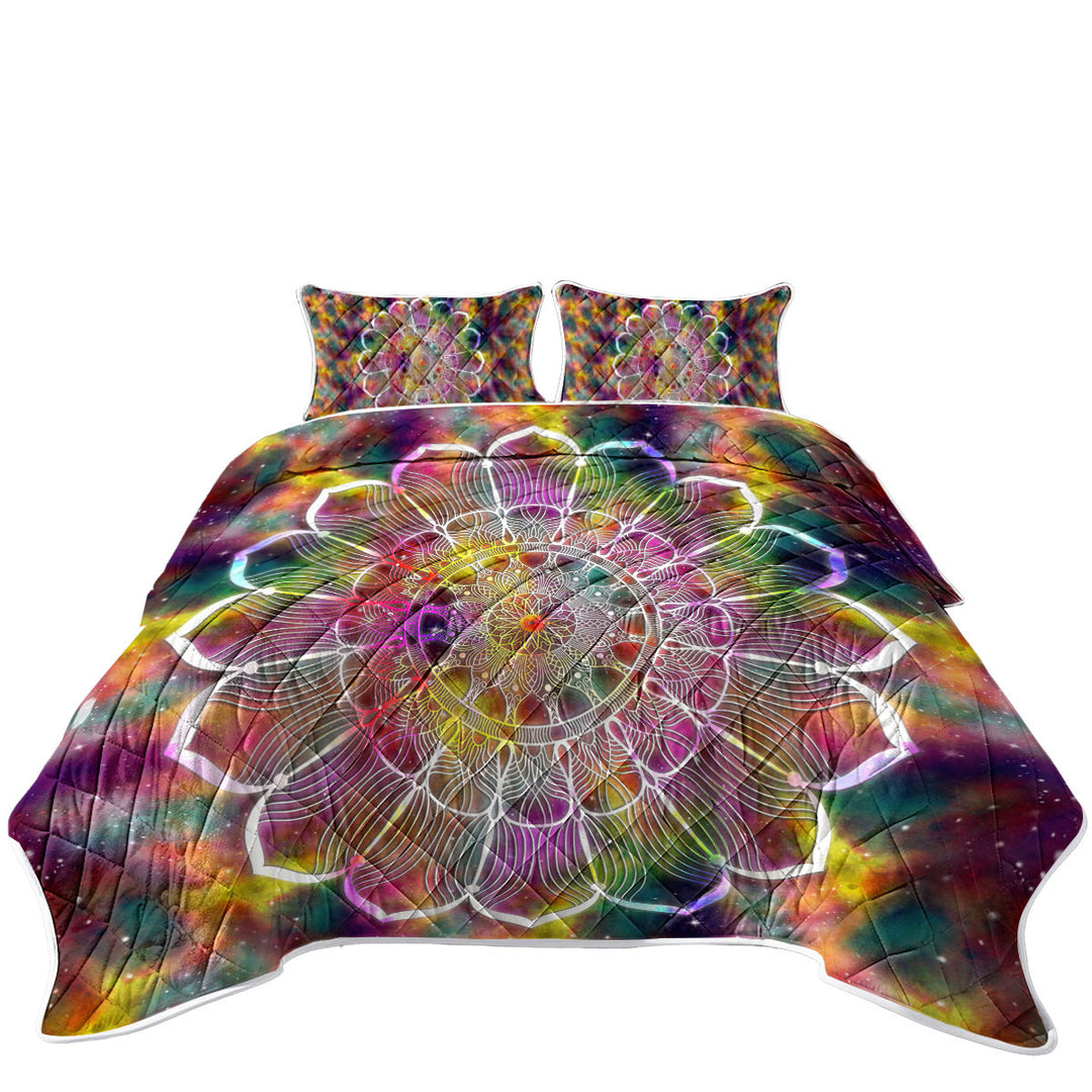 White Flower Mandala over Colorful Space Coverlet