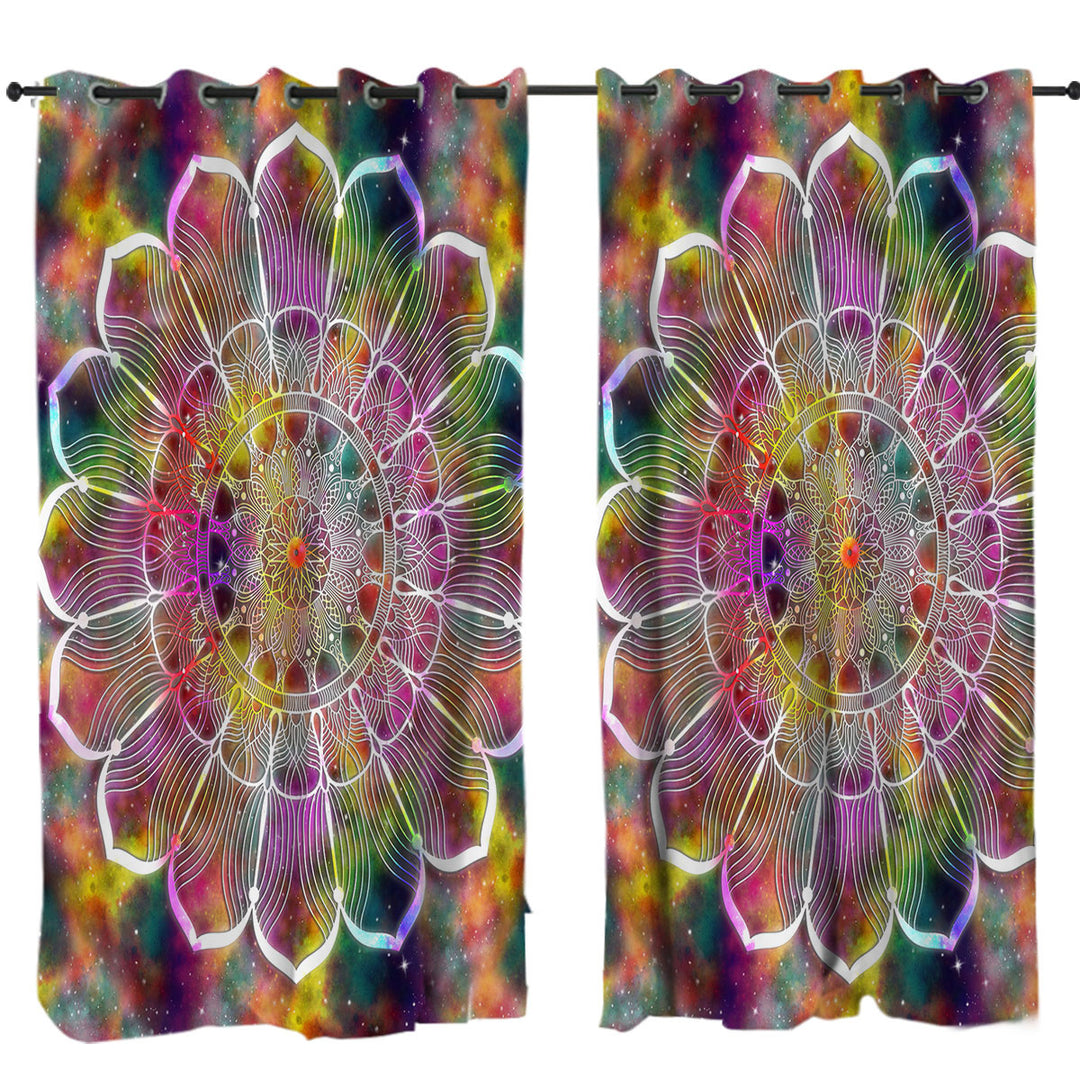 White Flower Mandala over Colorful Space Drapery
