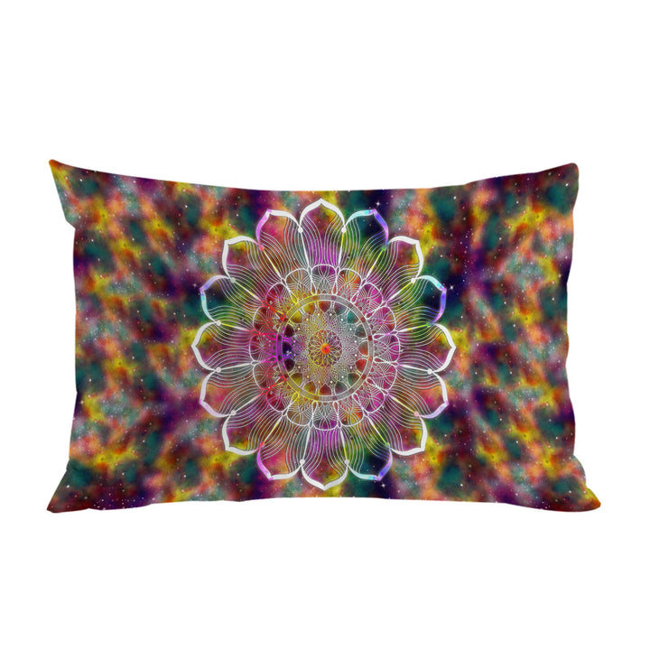 White Flower Mandala over Colorful Space Pillow Cases