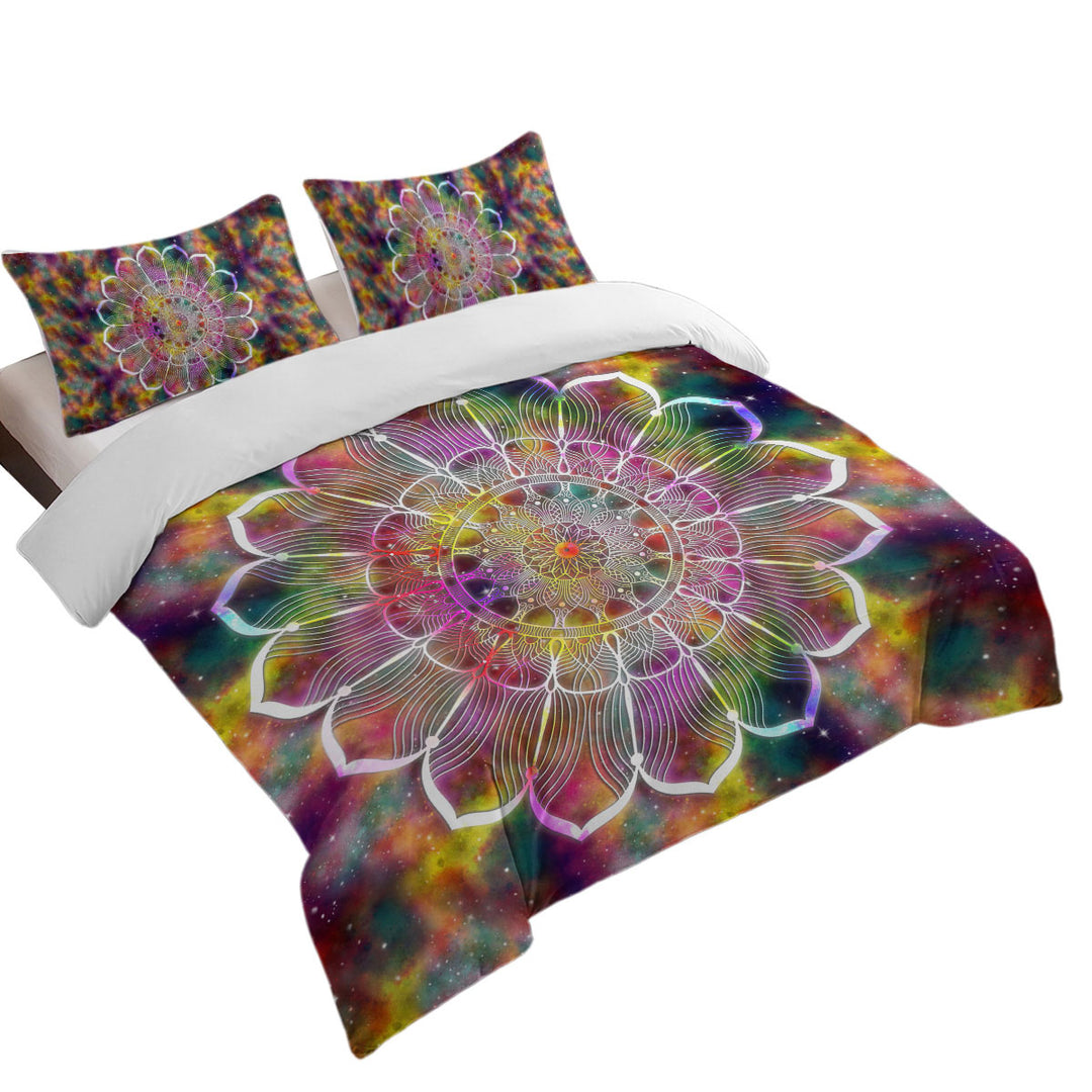 White Flower Mandala over Colorful Space Quilt Cover Sets