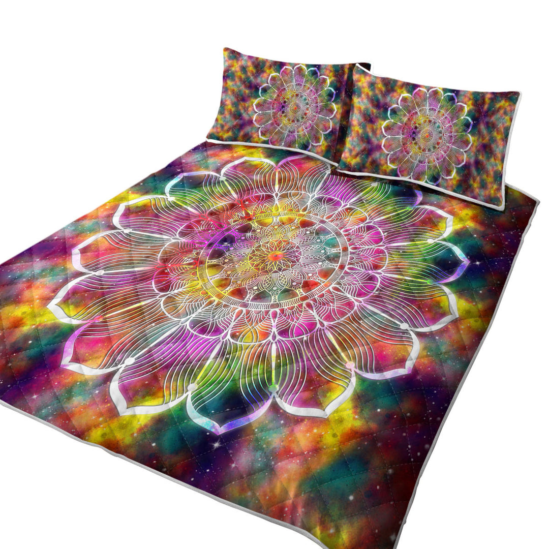 White Flower Mandala over Colorful Space Quilts