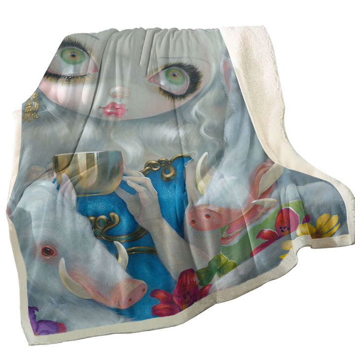 White Haired Beauty Circe and the Swine Throw Blanket
