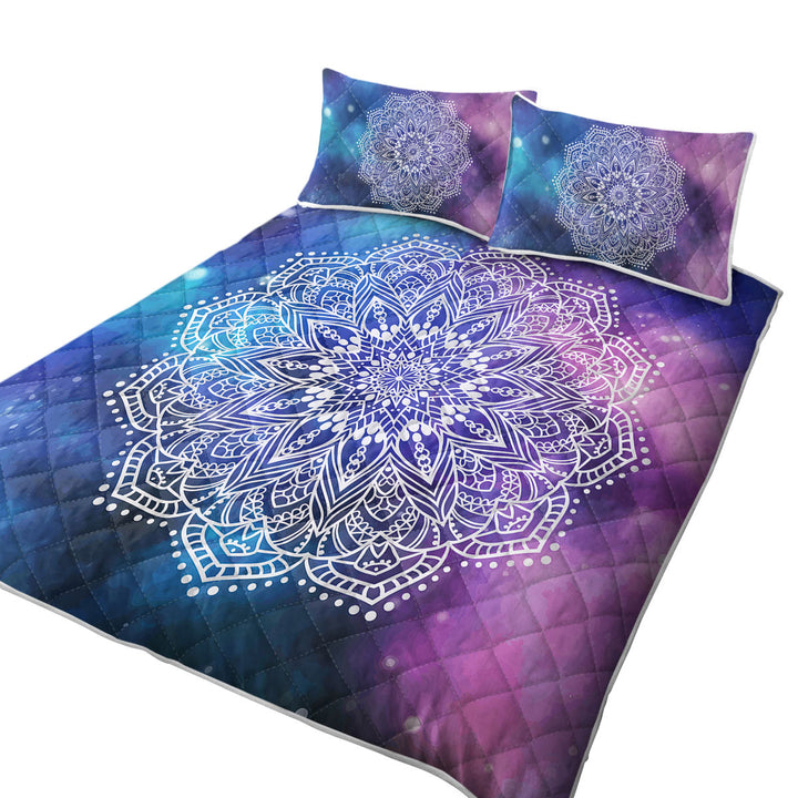 White Mandala Over Space Quilts for Beds