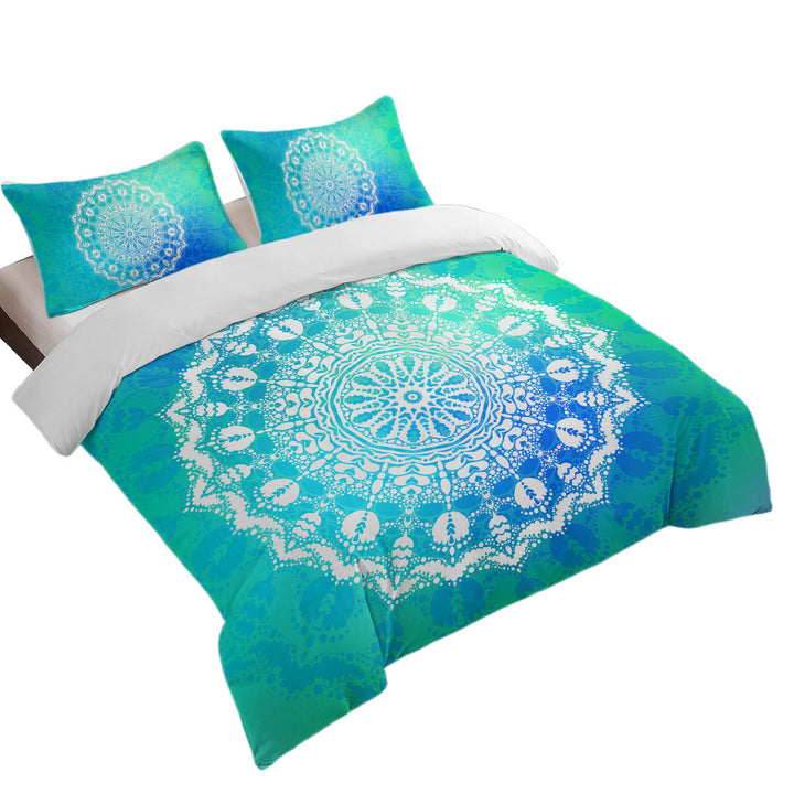 White Mandala over Bright Blue Green Duvet Covers