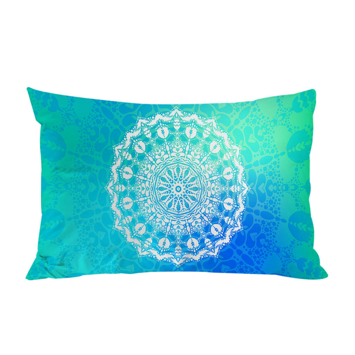 White Mandala over Bright Blue Green Pillow Case Covers