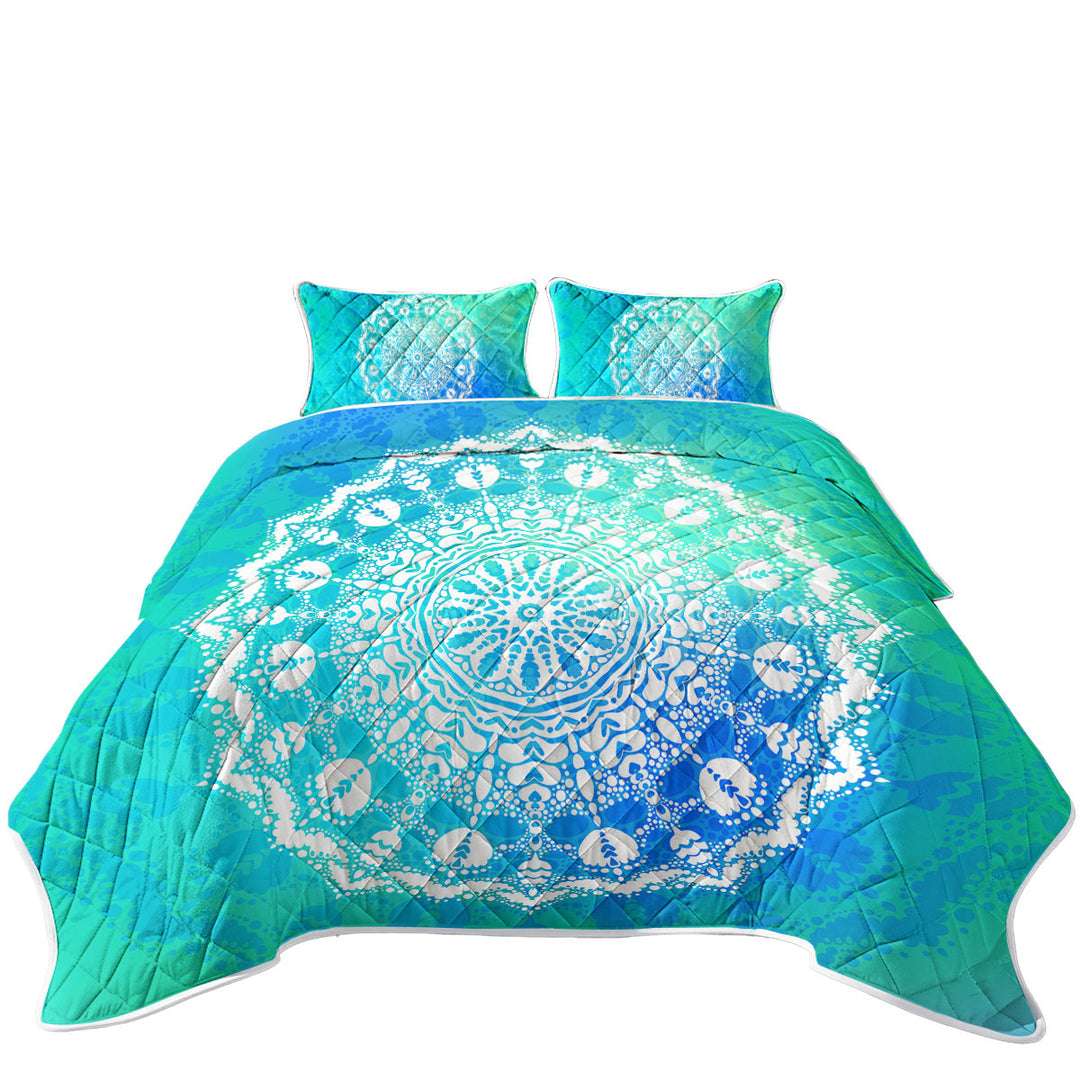 White Mandala over Bright Blue Green Quilt Shop Near Me