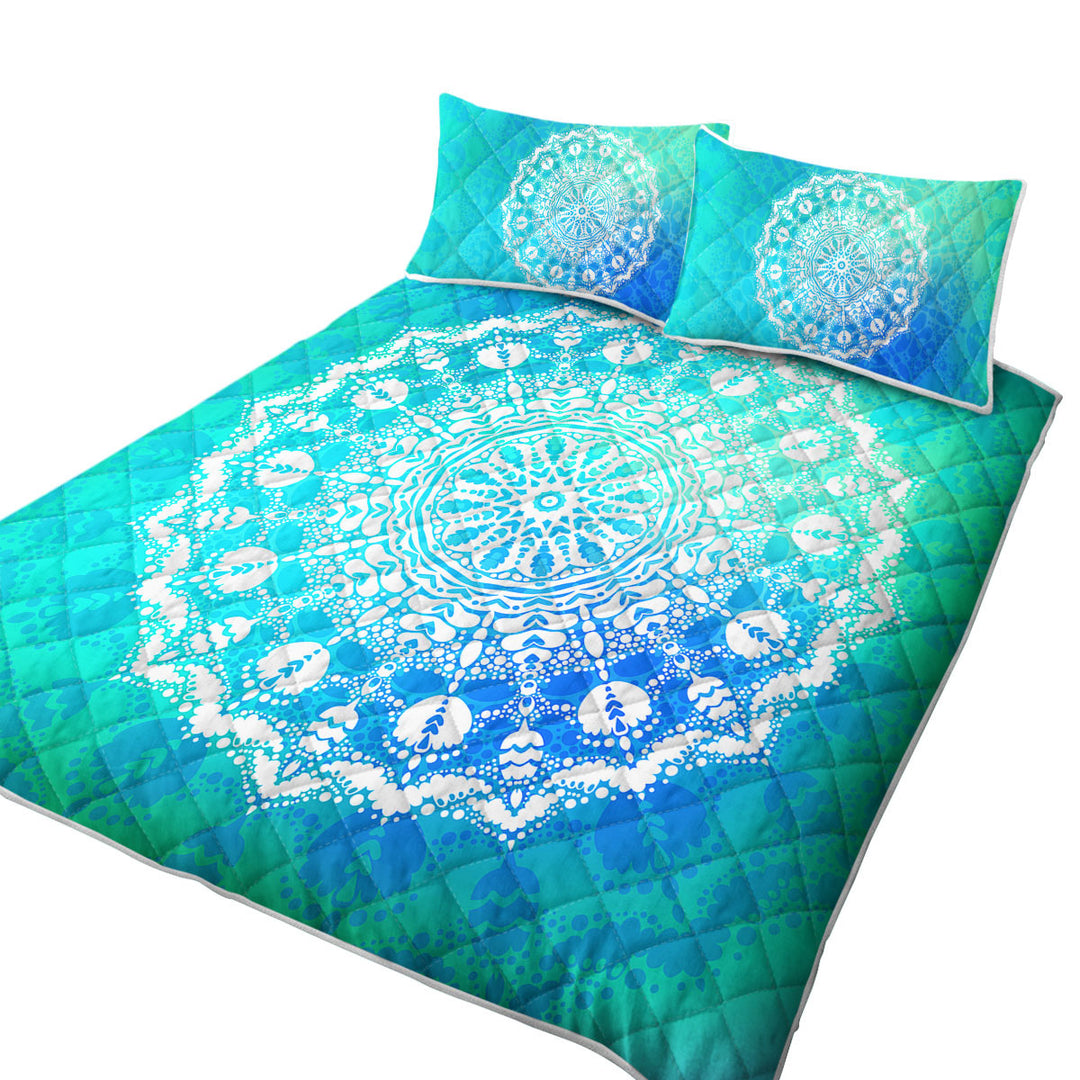 White Mandala over Bright Blue Green Quilt Stores Near Me
