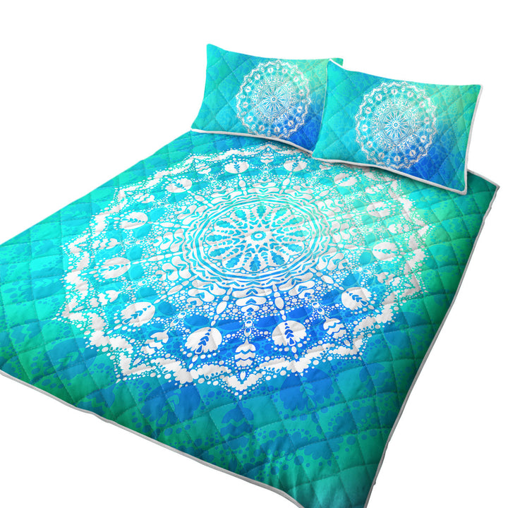 White Mandala over Bright Blue Green Quilt Stores Near Me