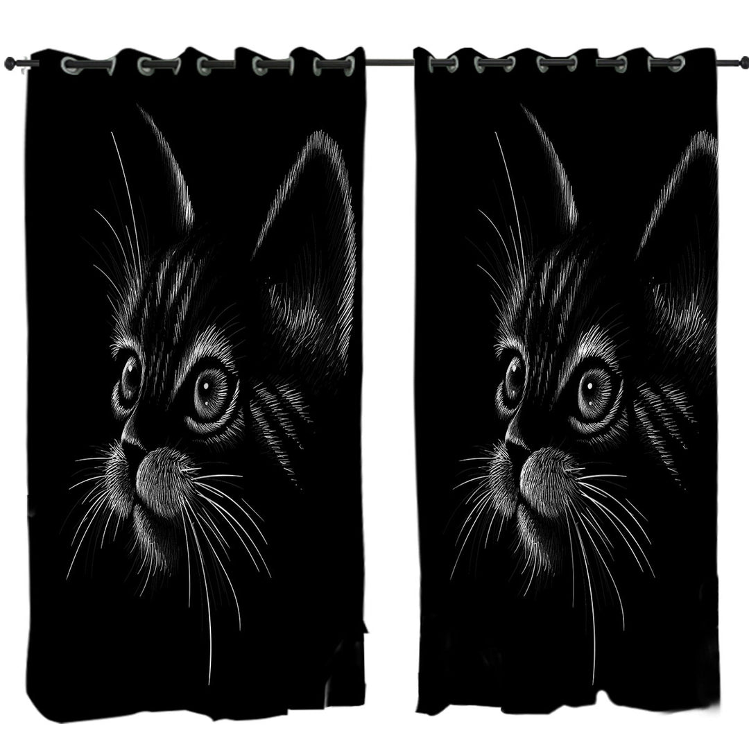 White Portrait Cat Kitten Drawing Curtains for Bedroom
