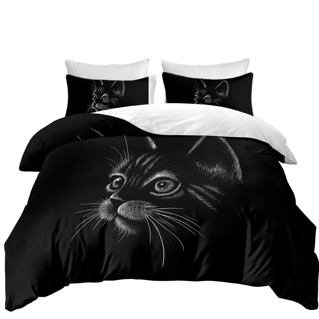 White Portrait Cat Kitten Drawing Duvet Cover