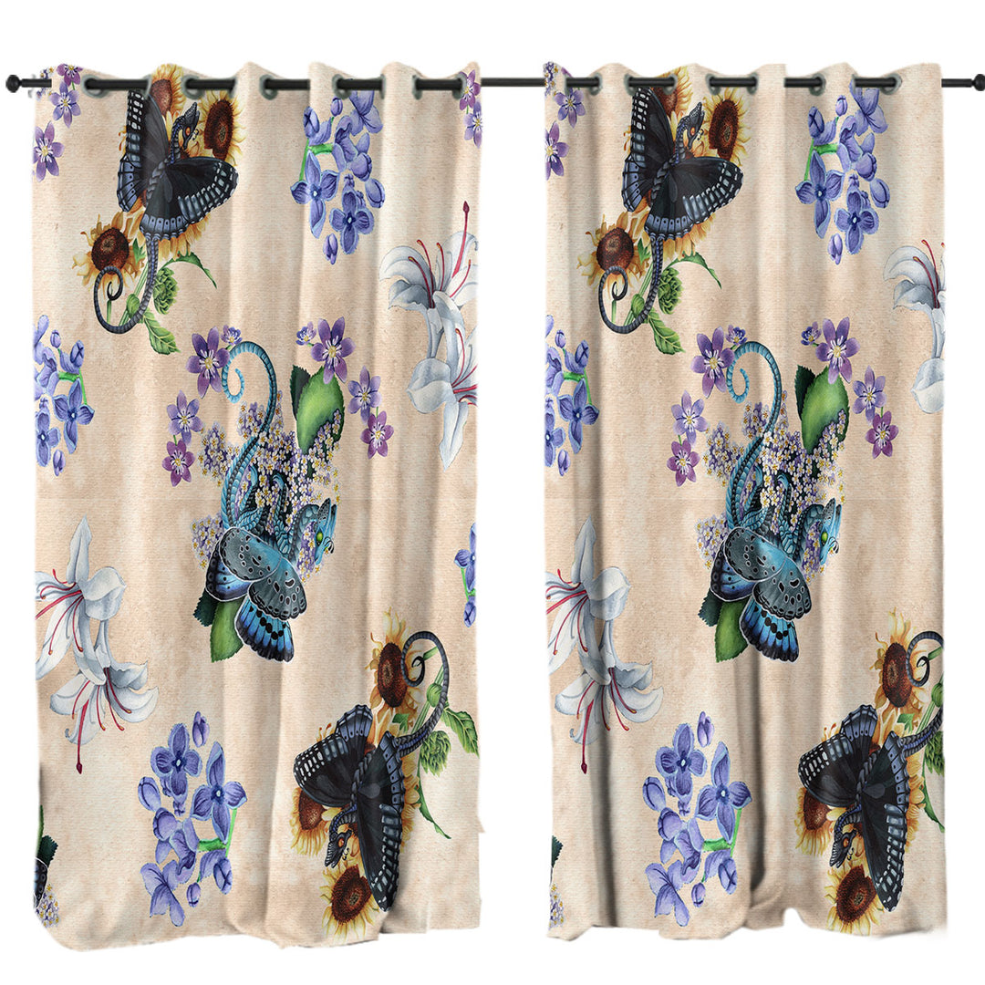 White Purple Flowers and Butterflies Dragons Custom Curtains