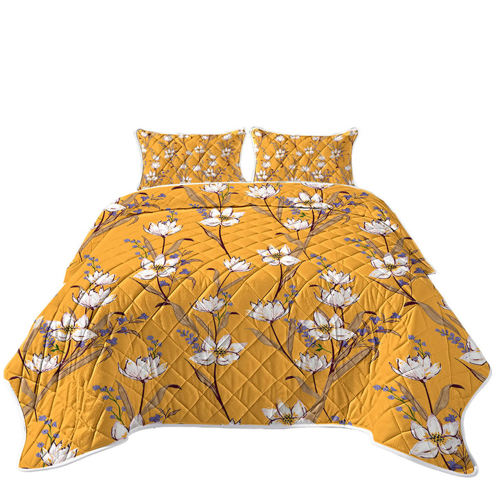 White Purple Flowers over Yellow California King Quilt Sets