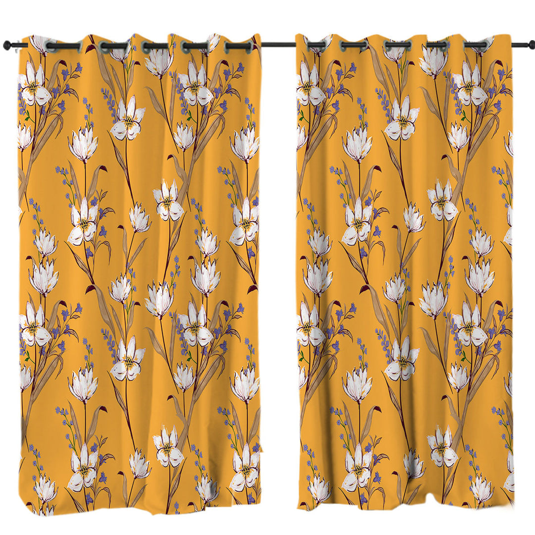 White Purple Flowers over Yellow Curtain