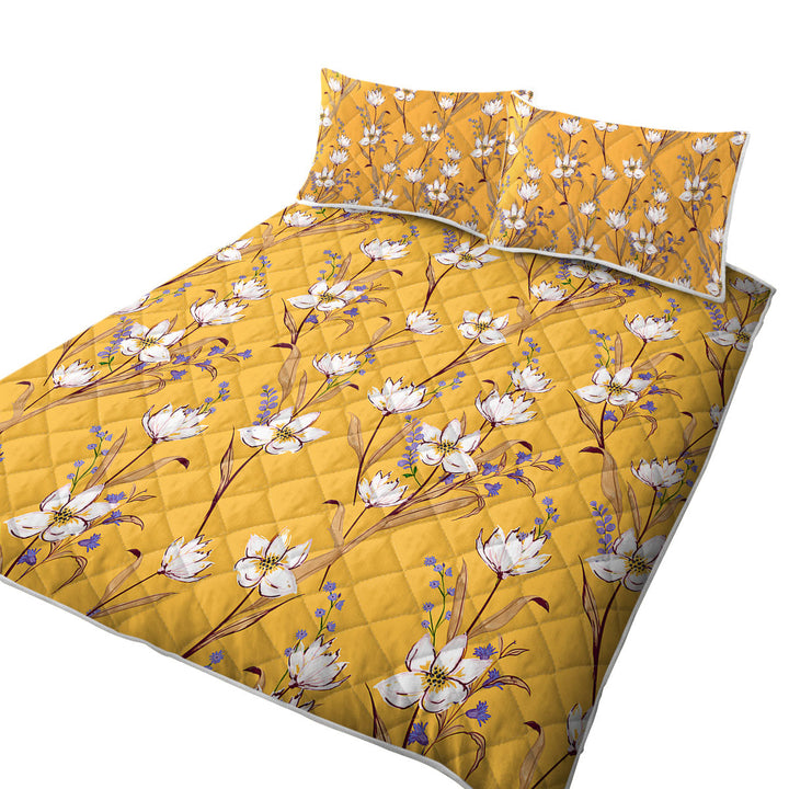 White Purple Flowers over Yellow King Size Quilt Sets