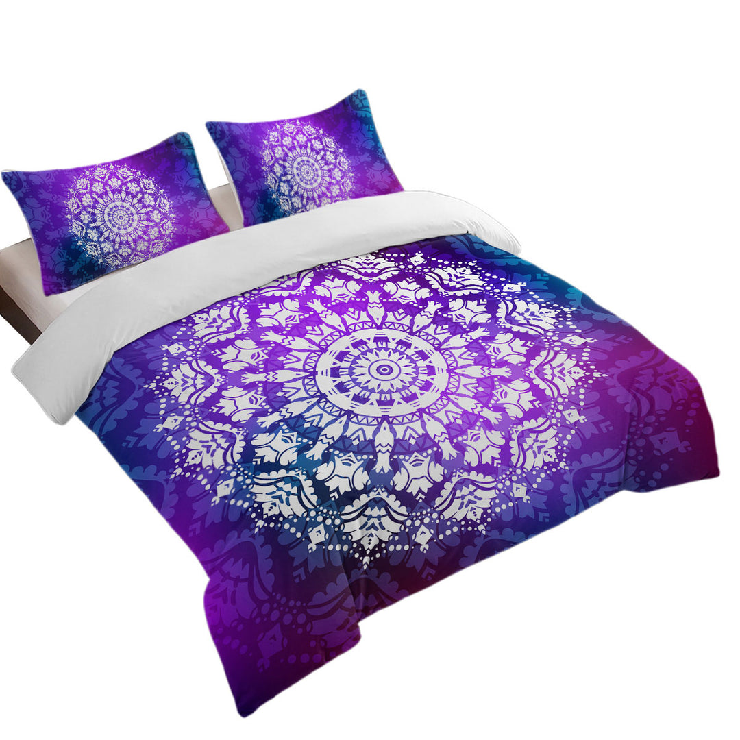 White Royal Floral Mandala over Purple Duvet Cover