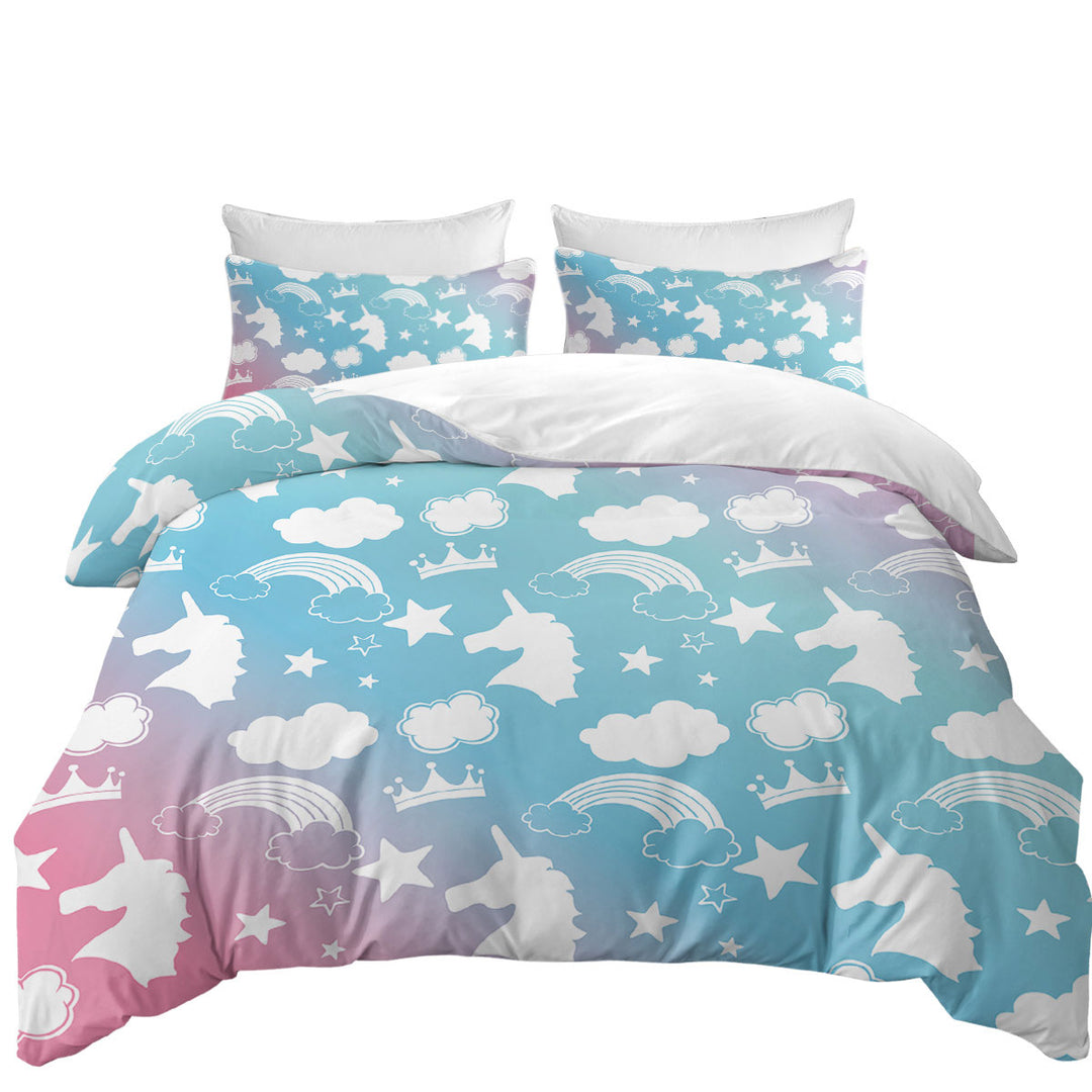 White Silhouettes Clouds and Unicorns Duvet Cover Queen