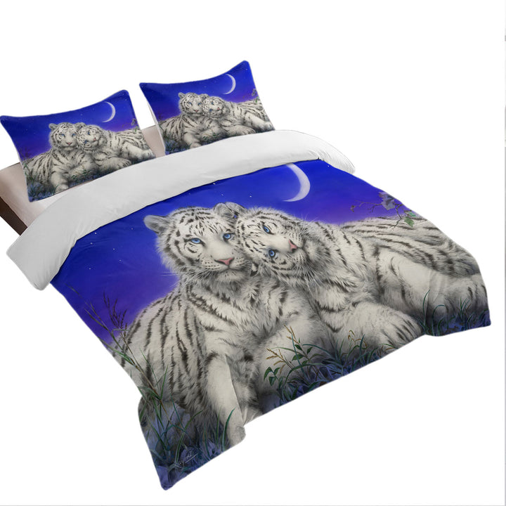 White Tigers Moon Lovers at Night Oversized King Duvet Cover